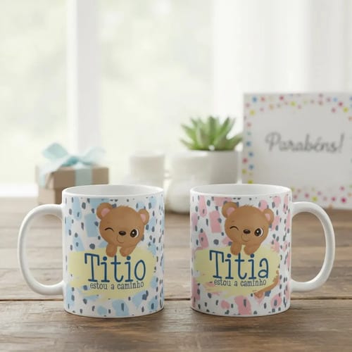 Kit 2 Canecas Presente para Revelar Gravidez Titio e Titia