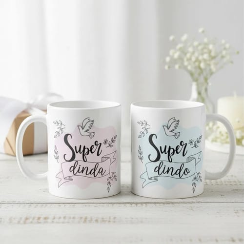 Kit Canecas Lembrança Padrinhos Batismo Super Dinda e Dindo - Batizado (Padrinho)