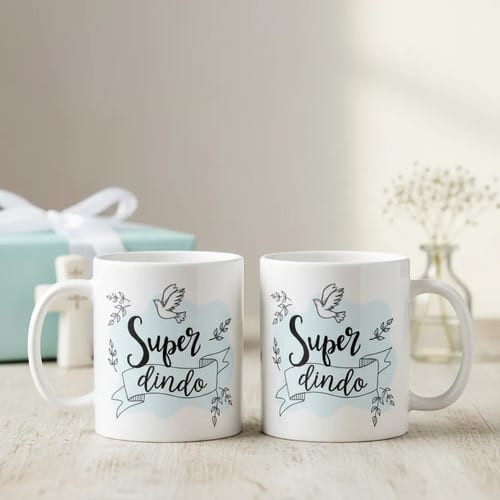 Kit Canecas Lembrança Padrinhos Batismo Super Dinda e Dindo
