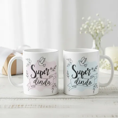 Kit Canecas Lembrança Padrinhos Batismo Super Dinda e Dindo - Batizado (Padrinho)