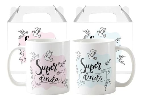 Kit Canecas Lembrança Padrinhos Batismo Super Dinda e Dindo