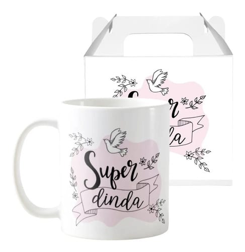 Kit Canecas Lembrança Padrinhos Batismo Super Dinda e Dindo