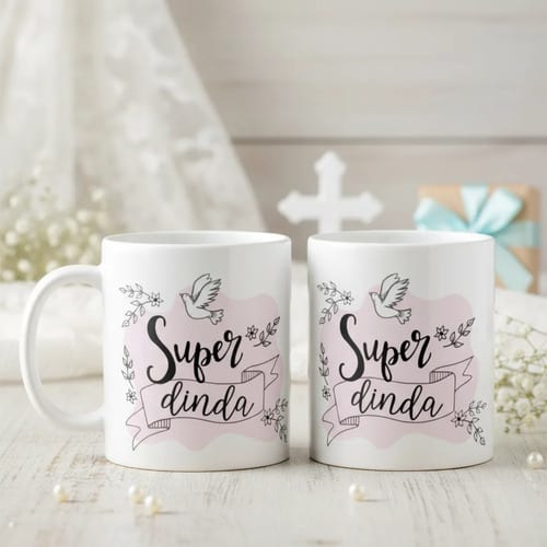 Kit Canecas Lembrança Padrinhos Batismo Super Dinda e Dindo