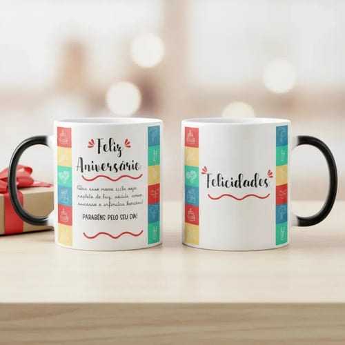 Caneca Mágica Presente Criativo com Frase Feliz Aniversário