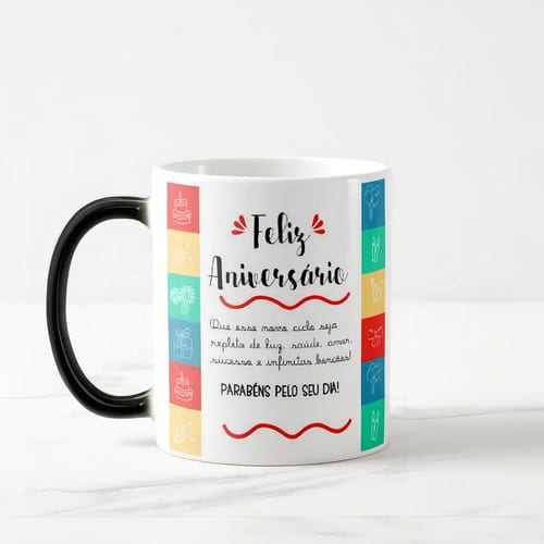 Caneca Mágica Presente Criativo com Frase Feliz Aniversário