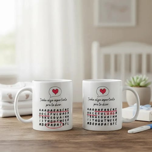 Caneca Caça Palavras Surpresa para Contar Gravidez Papai - Anúncio de Gravidez (Pai)
