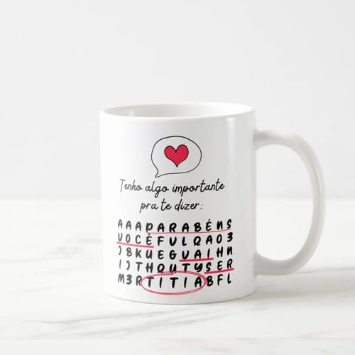 Caneca Caça Palavras Surpresa para Contar Gravidez a Titia