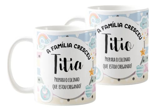 Kit Canecas Presente Gravidez Familia Cresceu Titio e Titia - Anúncio de Gravidez (Tia e Tio)