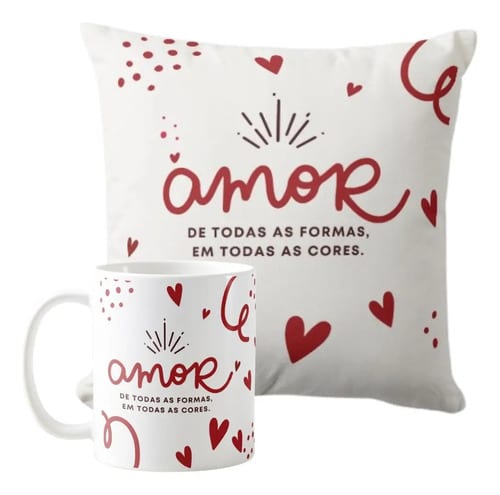 Kit Almofada e Caneca Romance de Corações Toda Forma de Amar - Família (kit toda forma de amor)