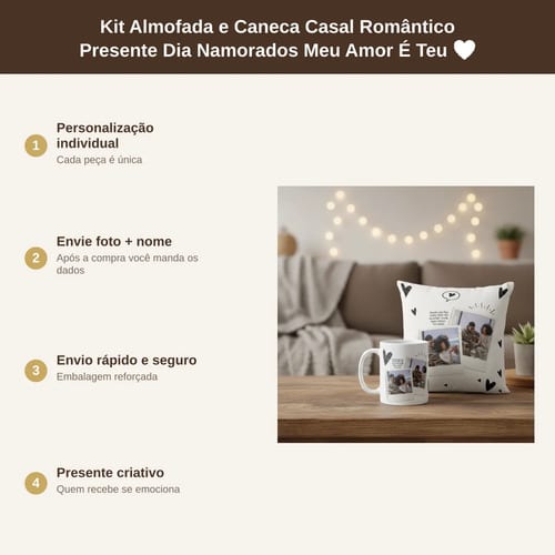 Kit Almofada E Caneca Casal Romântico Presente Namorados Branco Meu Amor É Teu - 2 Fotos