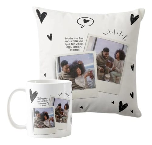 Kit Almofada E Caneca Casal Romântico Presente Namorados Branco Meu Amor É Teu - 2 Fotos - Outros (Casal)
