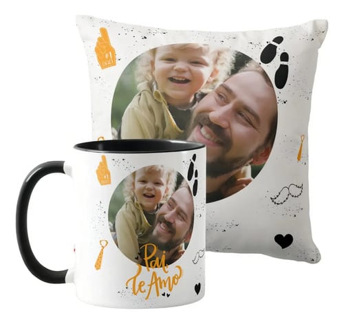 Kit Presente Dia dos Pais Caneca e Almofada Te Amo com Foto - Família (Pai)