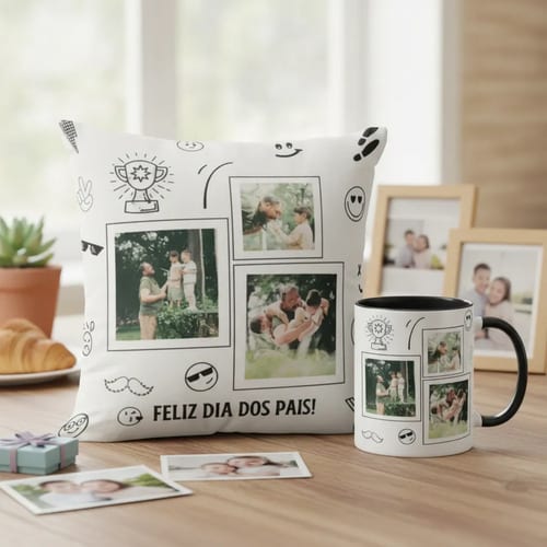 Kit para o Dia dos Pais Caneca e Almofada Divertida com Foto - Família (Pai)