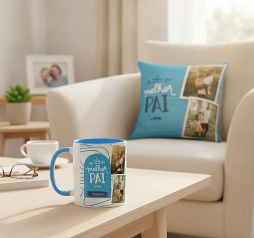Kit Presente Dia dos Pais Caneca e Almofada Azul com Foto