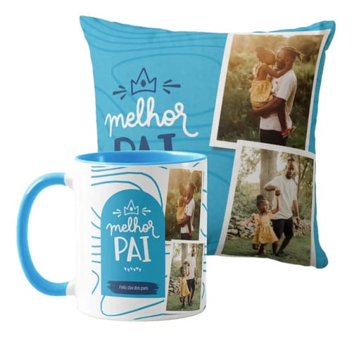 Kit Presente Dia dos Pais Caneca e Almofada Azul com Foto