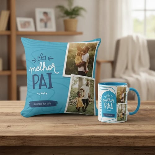 Kit Presente Dia dos Pais Caneca e Almofada Azul com Foto - Família (Pai)