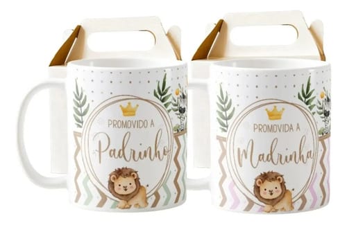 Kit Batizado 2 Canecas Selva Convite Promovidos a Padrinho