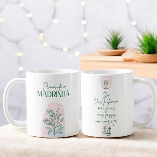 Conjunto Canecas Convite Padrinhos de Batismo Dinda e Dindo