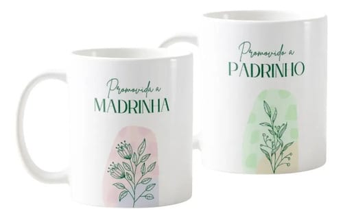 Conjunto Canecas Convite Padrinhos de Batismo Dinda e Dindo