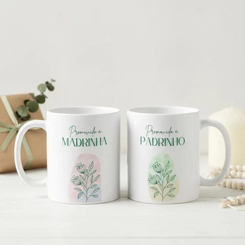 Conjunto Canecas Convite Padrinhos de Batismo Dinda e Dindo - Batizado (Madrinha/Padrinho)