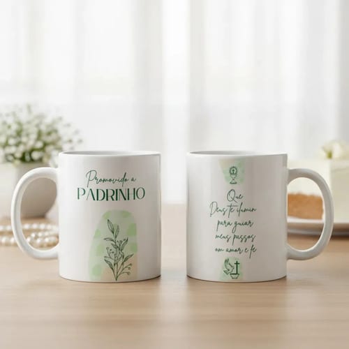Conjunto Canecas Convite Padrinhos de Batismo Dinda e Dindo