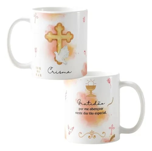 Kit 2 Canecas Cerâmica Crismando Presente Crisma Católica Lembrança Batismo