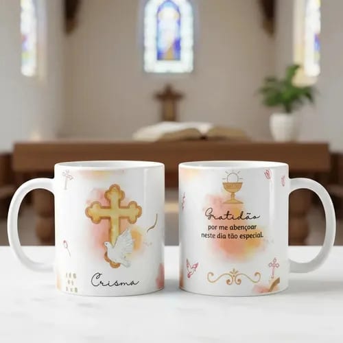 Kit 2 Canecas Cerâmica Crismando Presente Crisma Católica Lembrança Batismo