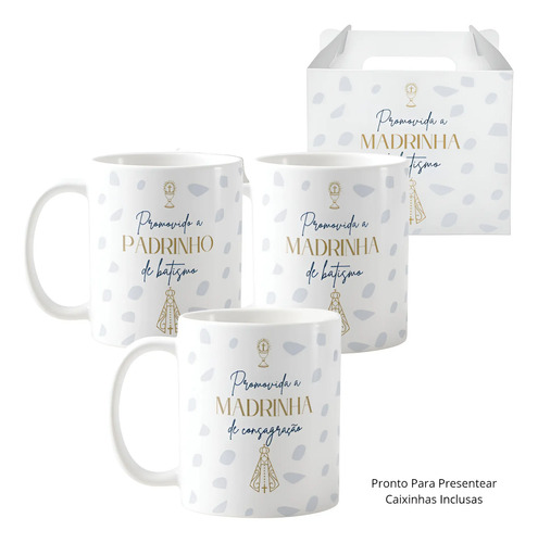 Kit 3 Caneca Personalizada Convite Padrinhos de Consagração | Lembrança de Batismo - Batizado (Padrinho)