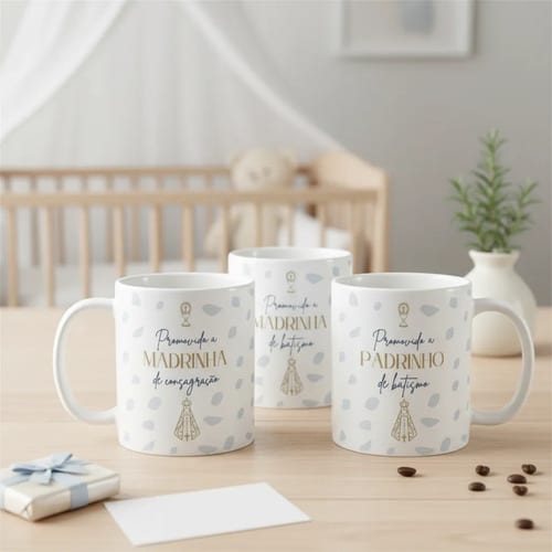 Kit 3 Caneca Personalizada Convite Padrinhos de Consagração | Lembrança de Batismo - Batizado (Padrinho)