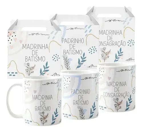 Kit 3 Canecas Padrinhos Batismo e Consagração Lembrança