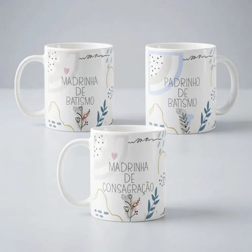 Kit 3 Canecas Padrinhos Batismo e Consagração Lembrança