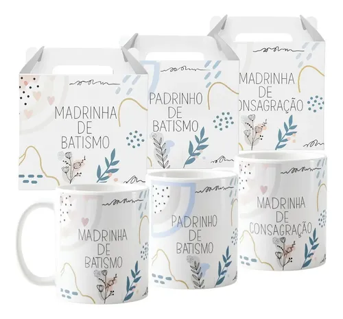 Kit 3 Canecas Personalizadas Padrinhos Batismo Minimalista