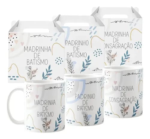 Kit 3 Canecas Personalizadas Padrinhos Batismo Minimalista