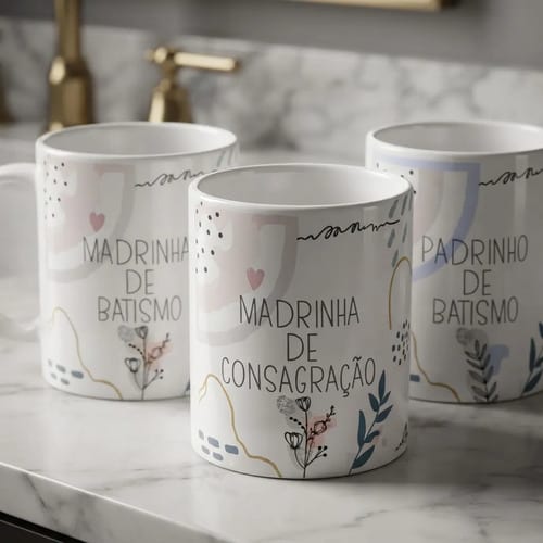 Kit 3 Canecas Padrinhos Batismo e Consagração Lembrança