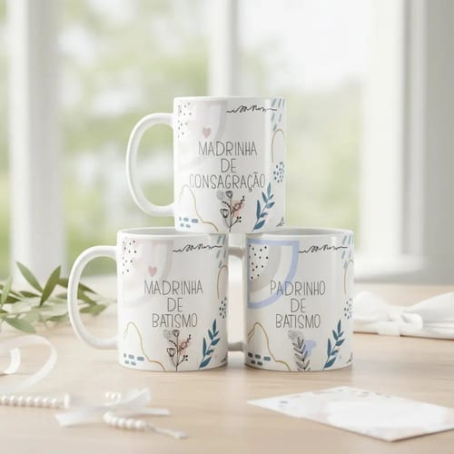 Kit 3 Canecas Personalizadas Padrinhos Batismo Minimalista - Batizado (Padrinho)
