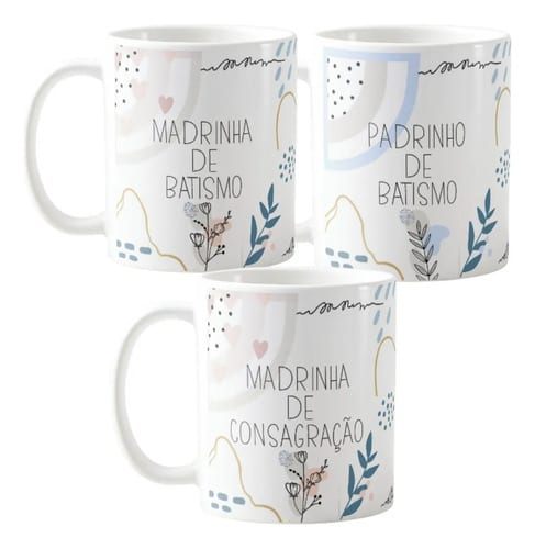 Kit 3 Canecas Personalizadas Padrinhos Batismo Minimalista