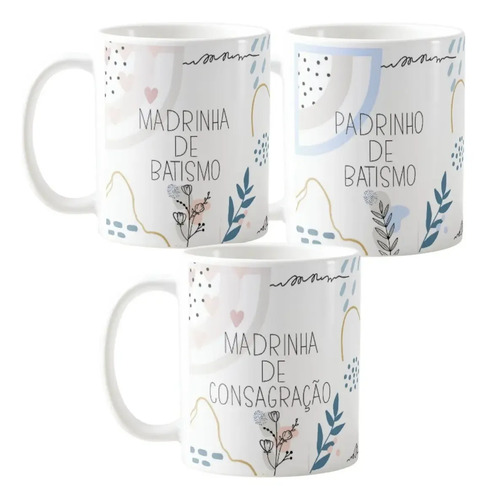 Kit 3 Canecas Personalizadas Padrinhos Batismo Minimalista