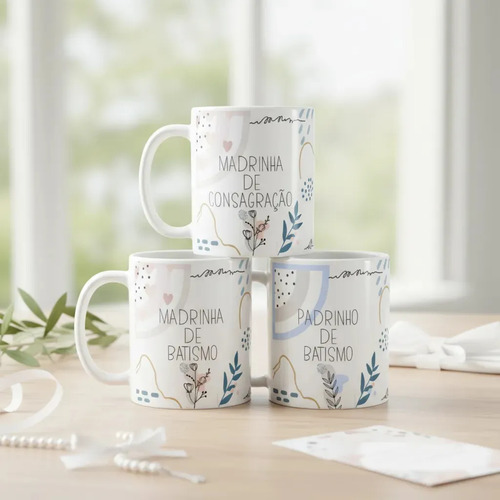 Kit 3 Canecas Personalizadas Padrinhos Batismo Minimalista - Batizado (Padrinho)