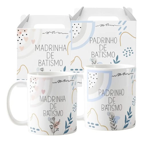 Kit 2 Canecas Cerâmica Padrinhos Batismo Minimalista