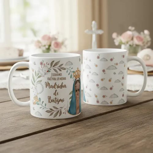 Kit 2 Canecas Cerâmica Padrinhos Batismo Convite Lembrança