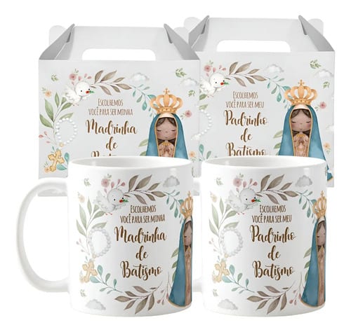 Kit 2 Canecas Cerâmica Padrinhos Batismo Convite Lembrança