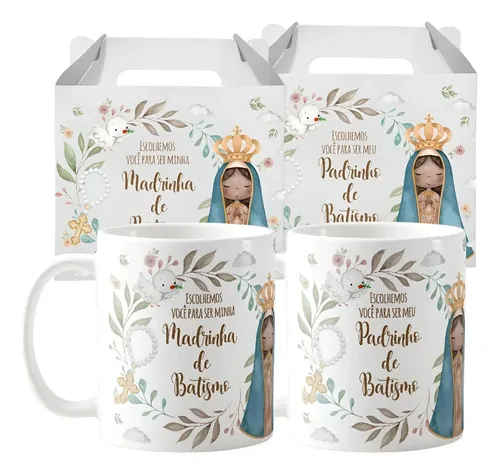 Kit 2 Canecas Cerâmica Padrinhos Batismo Convite Lembrança