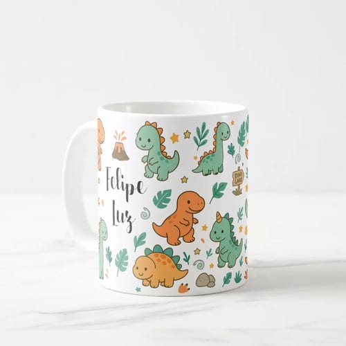 Caneca Personalizada com Nome para Crianças Mundo dos Dinossauro