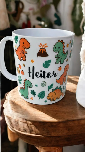 Kit Dinossauro Caneca E Garrrafa Escolar Nome Personalizado Branco