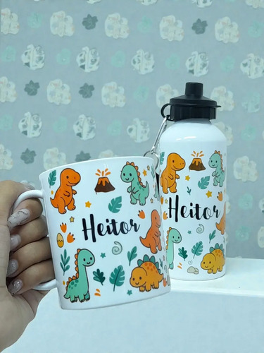Kit Dinossauro Caneca E Garrrafa Escolar Nome Personalizado Branco
