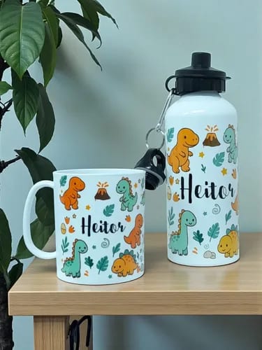 Kit Dinossauro Caneca E Garrrafa Escolar Nome Personalizado Branco - Outros (Dinossauro)