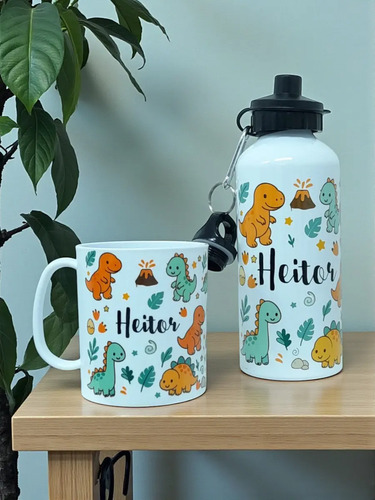Kit Dinossauro Caneca E Garrrafa Escolar Nome Personalizado Branco - Outros (Dinossauro)