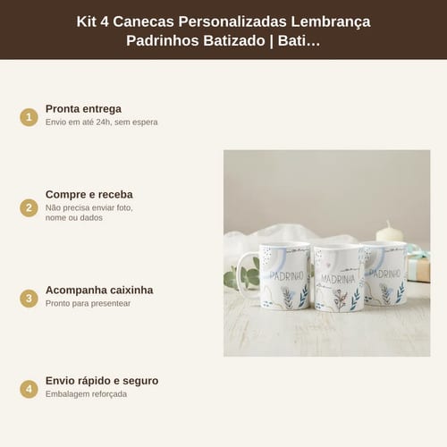Kit 4 Canecas Personalizadas Lembrança Padrinhos Batizado