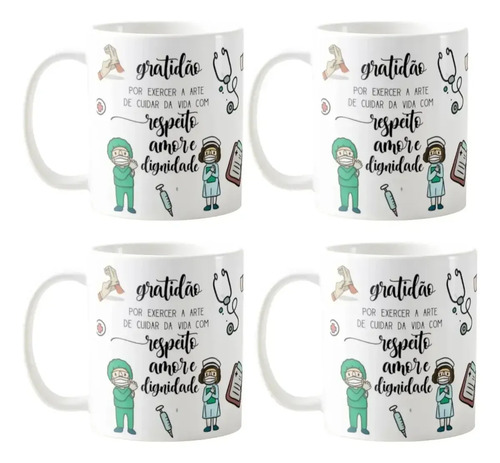 Kit Presente Enfermeiros Lembrança Enfermagem - 4 Canecas Cor Branco