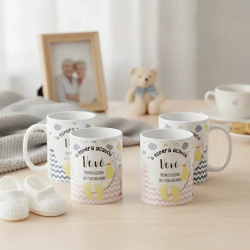 Kit Canecas Cerâmica 325ml Grávidez Surpresa Avós Vovô Branco Presente Criativo Combo 4 Preparem O Colinho